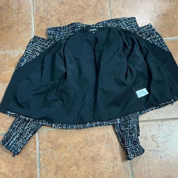 Express Black White Blue Metallic Sparkle Tweed Moto Jacket Coat Size Small - Picture 8 of 12